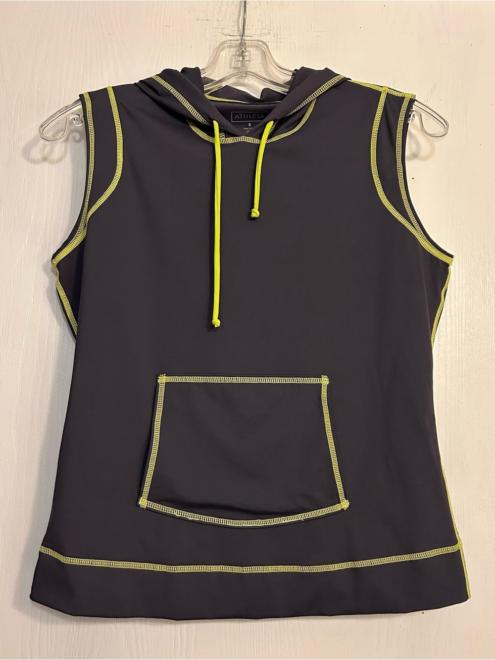 Athleta Hooded Activewear Lightweight Ladies Charcoal Tank Neon Yellow Trim Sz S